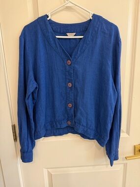 Vintage Italian Blue Button-Front Linen Cardigan